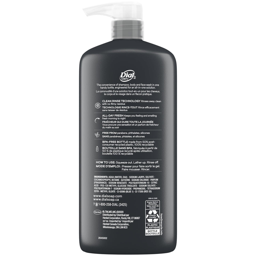 Dial Men 3 in 1 Body, Hair and Face Wash, Refresh, 23 Fl Oz, Pack of 3, Cleanses Deep + Gentle on Skin with Clean Rinse Technology