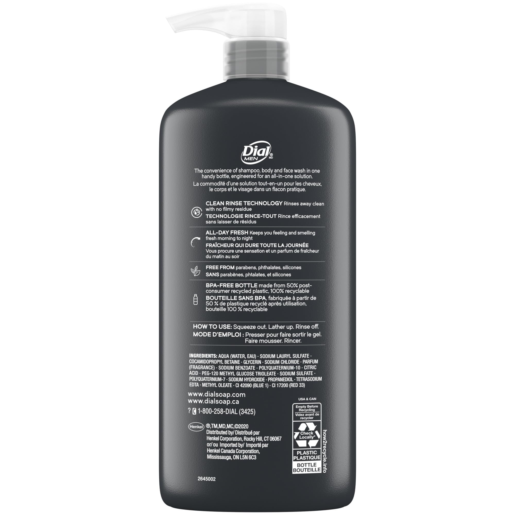 Dial Men 3 in 1 Body, Hair and Face Wash, Refresh, 23 Fl Oz, Pack of 3, Cleanses Deep + Gentle on Skin with Clean Rinse Technology