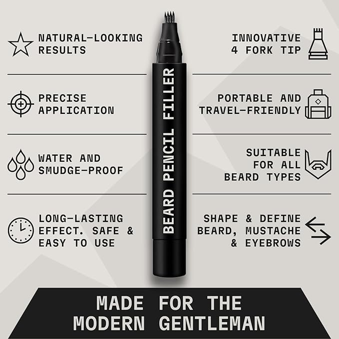 4 Pack Beard Filling Pen Kit with 4 Tips - Waterproof Beard Pencil for Men, Fill, Shape & Define with Brush - Striking Viking (Jet Black)