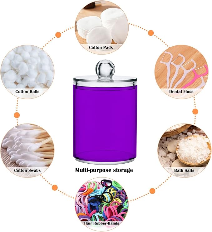 Purple Qtip Holder Organizer Dispenser Cotton Swabs Cans Plastic Jars with Lid Set 4 Pack Bathroom Storage Canister for Cotton Ball Floss Cotton Pads