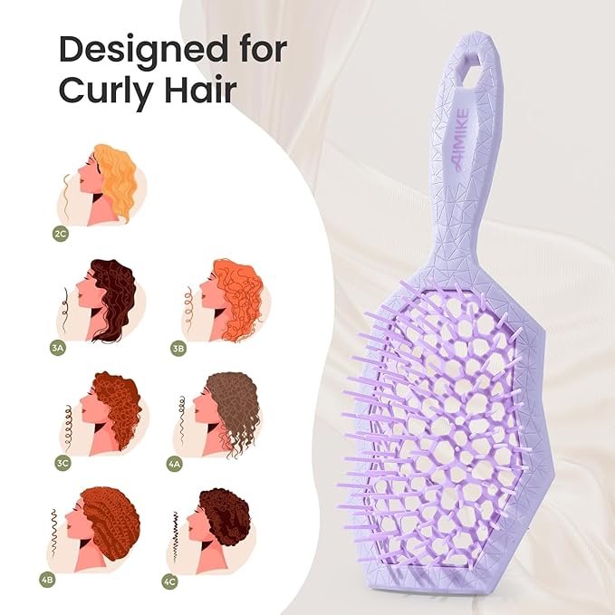 AIMIKE Glacier Detangling Brush, Pain-Free Detangler Brush for Curly Hair Wet & Dry Use, Vented Hairbrush for 2C-4C Curls, Helps Reduce Breakage, Purple
