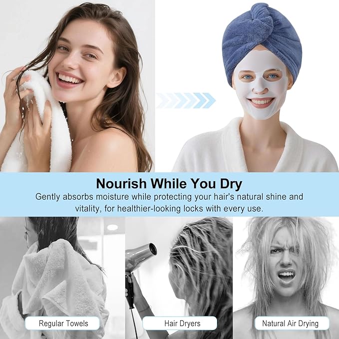 Microfiber Hair Drying Towel Wrap for Women, Hair Turbans Towel for Wet Hair,turbie Twist Hair Towels(The Color of the Picture is for Reference only) (Dark Blue,Light Blue,Light Green)