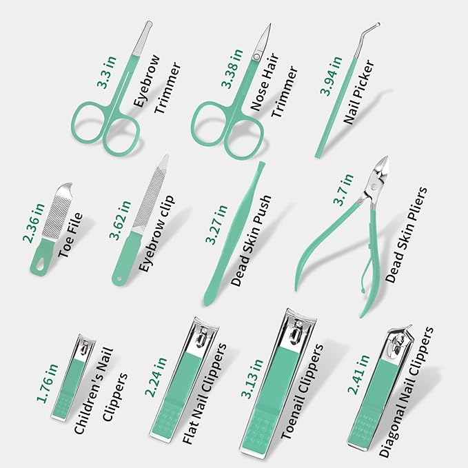 Travel Manicure Set 26-Piece, Portable Nail Clippers Kit with PU Case, Carbon Steel Clippers, 410 Stainless Steel Grooming Tools, Hand Foot Facial Care for Luggage Backpack（Green）