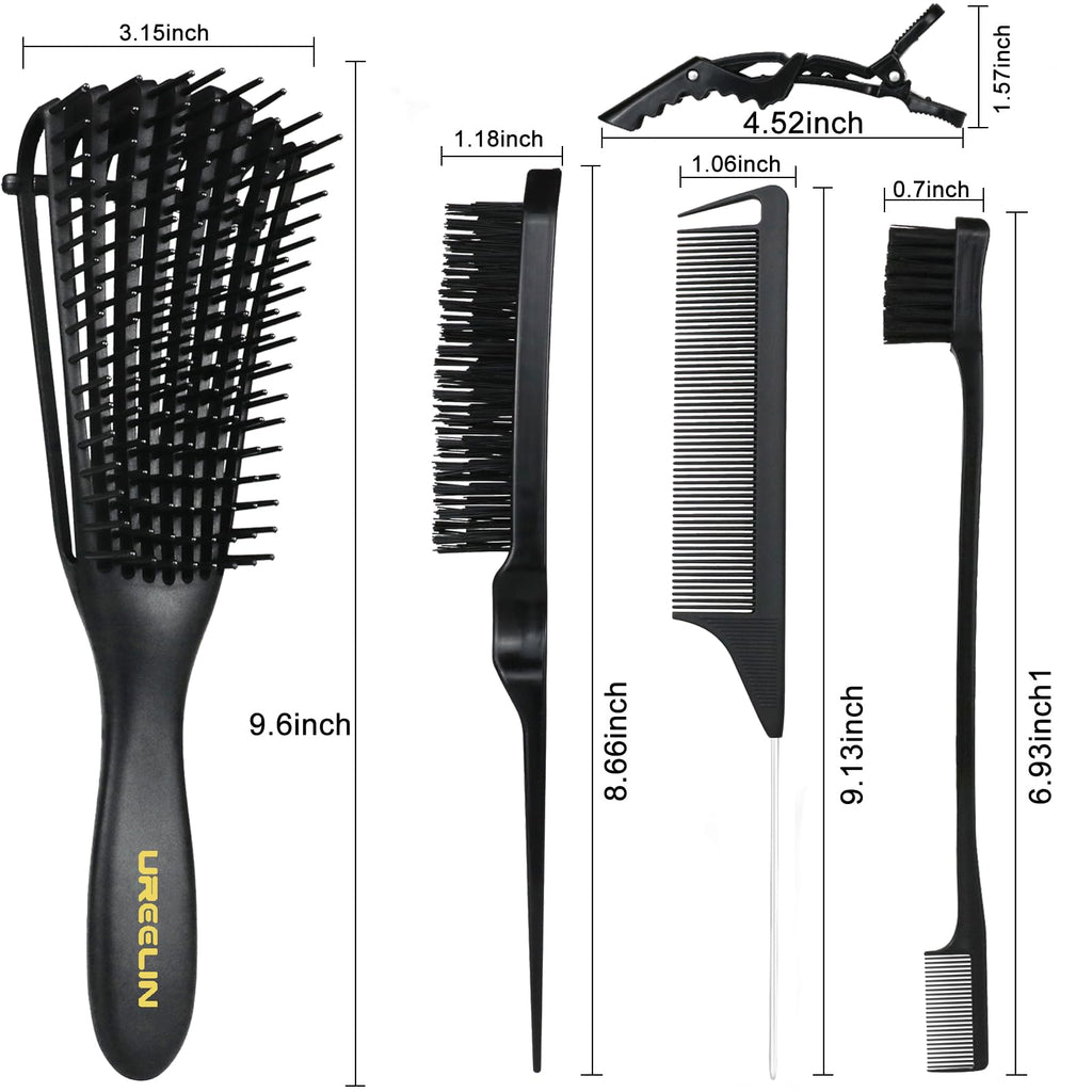 UREELIN Hair Brush Set for 3a,4c,Wig/Thick/Wavy/Curly/Slick Back Hair Brushes,Rat Tail Combs,8-Row,Edge Brush,For Detangling,Braiding,Teasing,Parting,Styling,Kids,Girls,women(Black)
