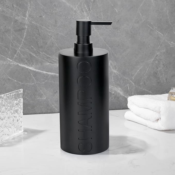 Indecor Home Matte Black Shampoo Dispenser Modern Refillable Pump Bottle with Embossed Text, Durable Resin Construction for Bathroom and Kitchen