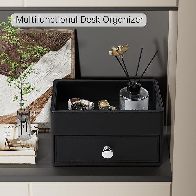 MEIBOOCH PU Leather Desk Organizer with Drawer, Multifunctional Nightstand Organizer, Waterproof Makeup Organizer for Vanity Bathroom Countertop Bedside Table (Black)