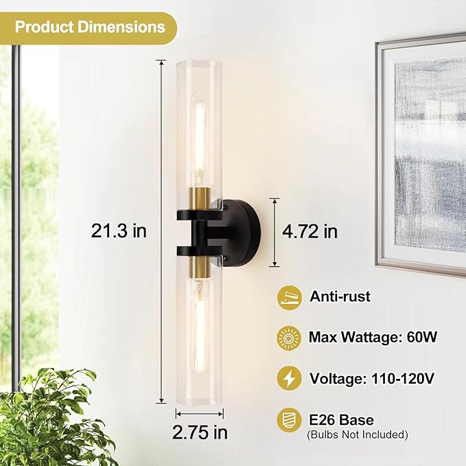 Wall Sconces Set of Two, 22" Black and Gold Bathroom Sconces with Clear Glass, Hardwired Modern Sconces Wall Decor Set of 2 Wall Light fixtures for Bathroom Mirror Living Room Hallway Bedroom