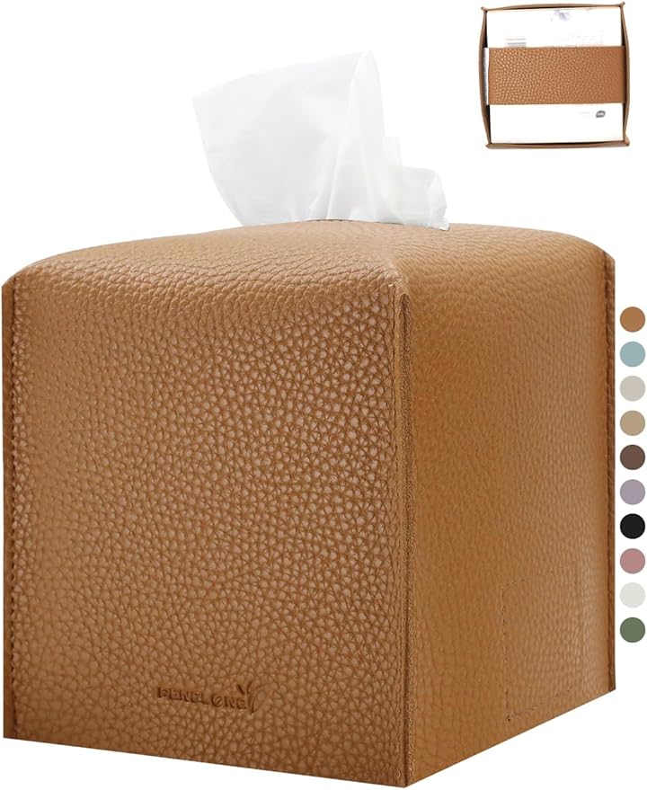 PENGLONG Tissue Box Cover 5X5X5'' PU Leather Tissue Holder Square Tissue Cube Box Organizer for Bathroom Vanity Countertop, Car, Night Stands, Office, Home, Kitchen (1Pack, Brown)