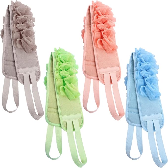 Acellegic 4 Pcs Exfoliating Back Scrubber for Shower Double Sided Exfoliating Washcloth with Strap Long Body Scrub Sponge Shower Loofah with Handle for Women Men Body Washing (Pastel Color)
