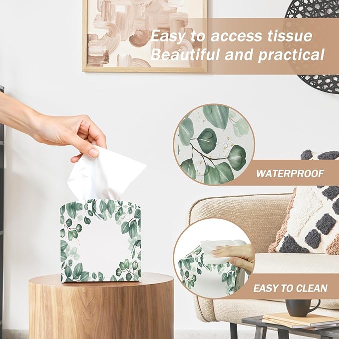 Eucalyptus Leaves Tissue Box Cover Square with Bottom Belt, Leather Waterproof Tissue Holder Facial Paper Case for Tabletop Home Office Bathroom Car Decor -02