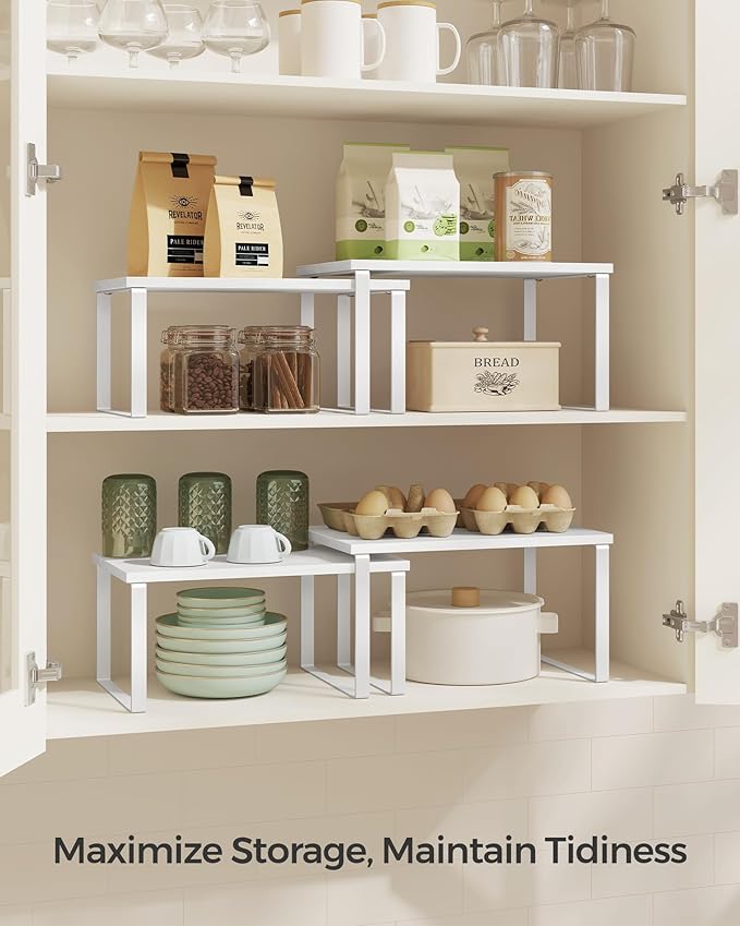 SONGMICS Cabinet Organizer Shelf, Set of 2 Kitchen Counter Shelves, Kitchen Storage, Spice Rack, Stackable, Expandable, Metal and Engineered Wood, 11.7 Inches, Cloud White and Snow White UKCS02W01