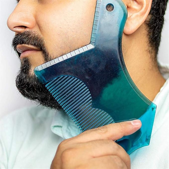 Beard Shaping Tool with Inbuilt Comb and Transparent Template Works with Electric Trimmers for Perfect Lineup Edging Jaw Cheek Neck Line Symmetric Curve Step Cut Styling Guide (Blue)
