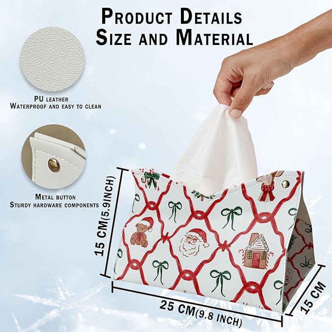 Christmas Tissue Box Cover Rectangle, Green Red Tissue Box Holder, Santa Bows Winter PU Leather Tissue Covers Decorative for Home Office Kitchen, Cute for Women Girls 9.8x5.9x5.9