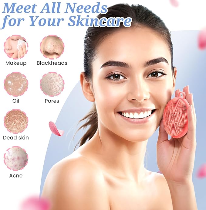 Silicone Face & Back Scrubber Set, Manual Face & Body Scrubber Exfoliator with Soft Bristles and Non-Slip Handle, Back Brush Bath Brush with 2 Detachable Brush Heads(3PCS Pink Set)