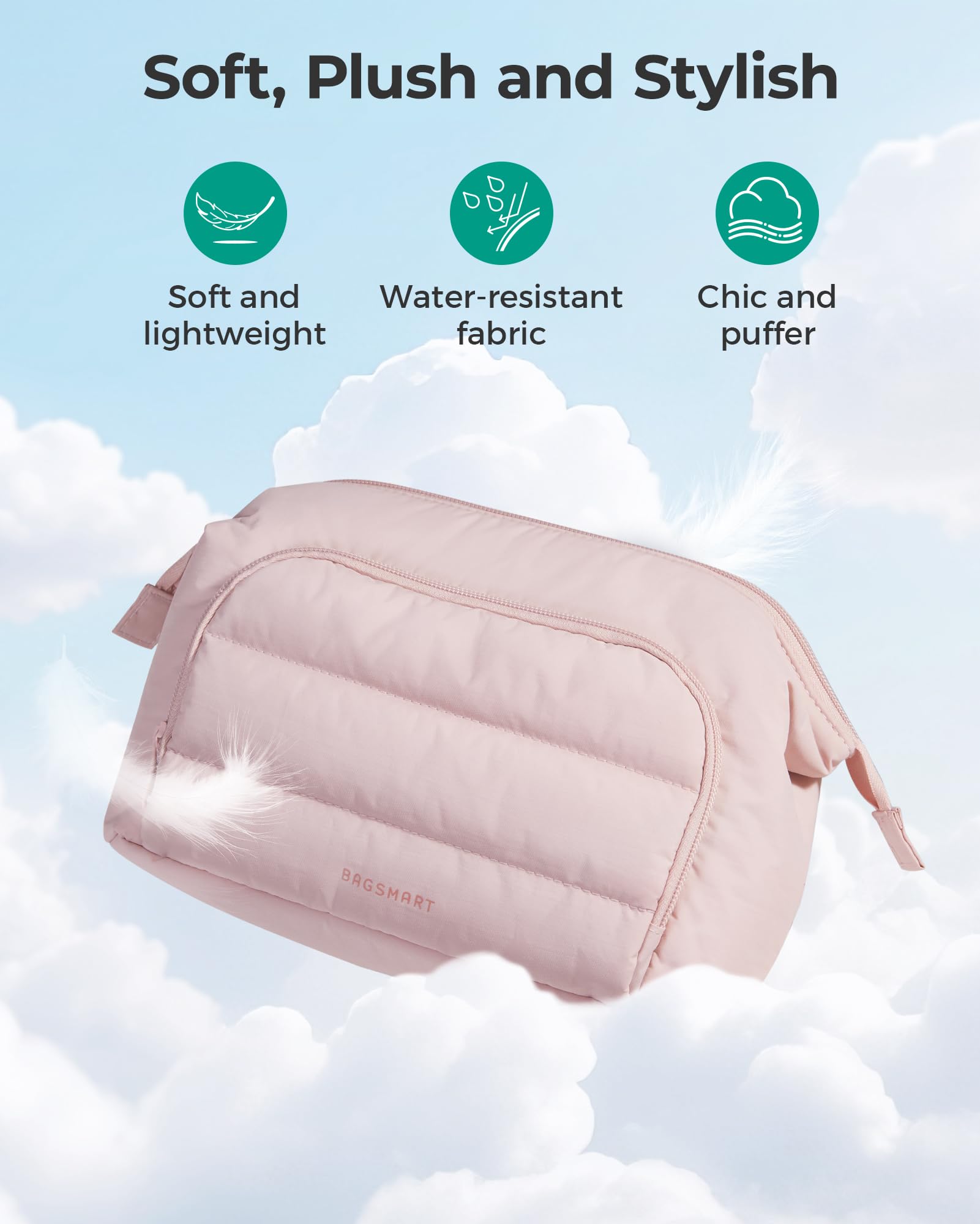 BAGSMART Travel Makeup Bag, Cosmetic Bag Small Make Up Organizer Case,Wide-open Pouch for Women Purse for Toiletries Accessories Brushes,Large Beige