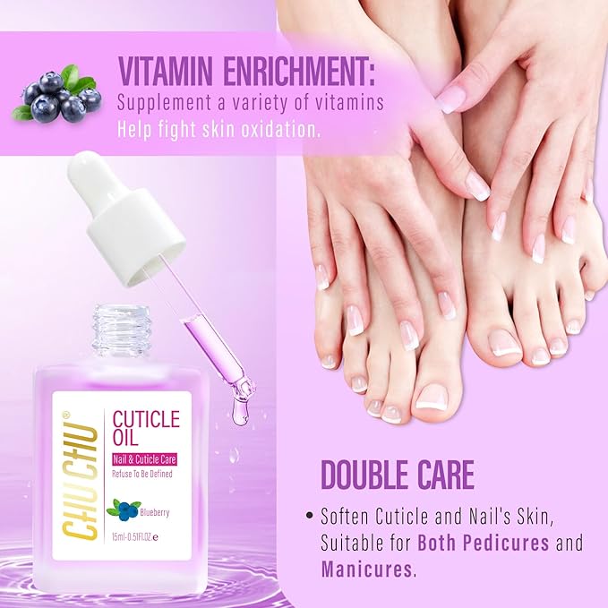 CHUCHU Vegan Cuticle Oil for Nails: Blueberry Jojoba Nail Cuticle Oil with Vitamin B & E for Moisturizes Cuticle and Nail's Skin - Prevents Hangnails and Chapped 15ML