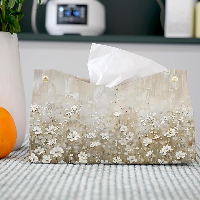 Spring Floral Leather Tissue Box Cover Rectangle,Wildflower Toilet Paper Box Holder,Cottagecore Decorative Facial Paper Case for Farmhouse Living Room Bathroom Kitchen Office Desk,9.8x5.9x5.9