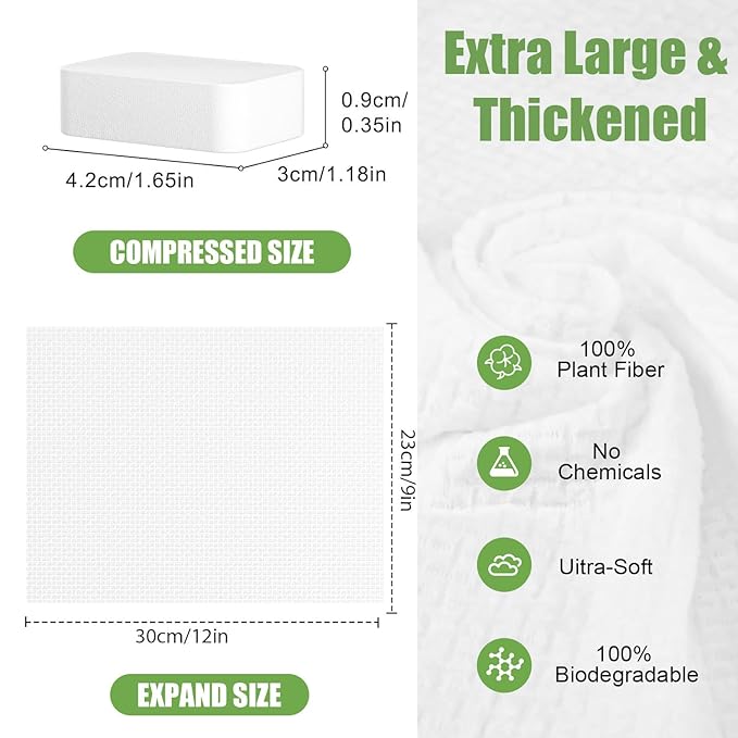 Compressed Towel Tablets Thicken, 50 Pack Disposable Face Towel Quickly Expand with Water, Reusable Compact Washcloths 12"x9", Cotton Soft & Lint-Free Portable for Home Travel Beauty Guest