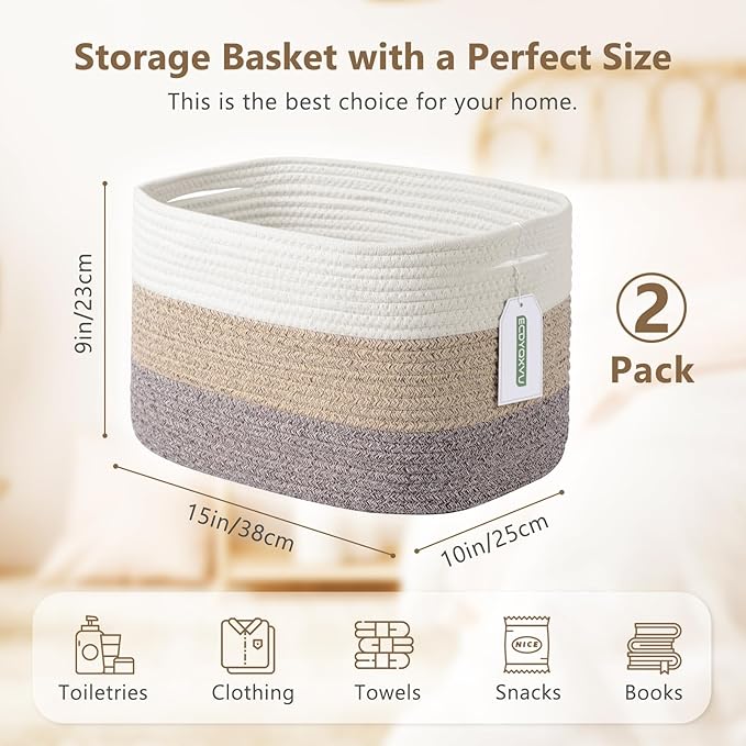 Cotton Rope Storage Basket, 15x10x9 Inches, Woven Basket for Shelves, Clothes, Towels, Books, and Laundry, White Brown (2 Pack)