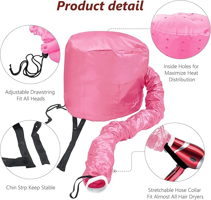 Portable Hair Dryer Bonnet Attachment Adjustable Hair Dryer Bonnet for Hair Styling, Hair Color, Hair Condition and More- Deep Pink
