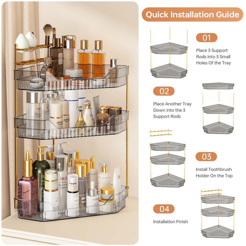 ZZWILLB Corner Bathroom Counter Organizer with Makeup Brush Holder & Toothbrush Holders, Makeup Organizer for Vanity Countertop, Acrylic Skincare Storage Shelf (Grey, 3-Tier)