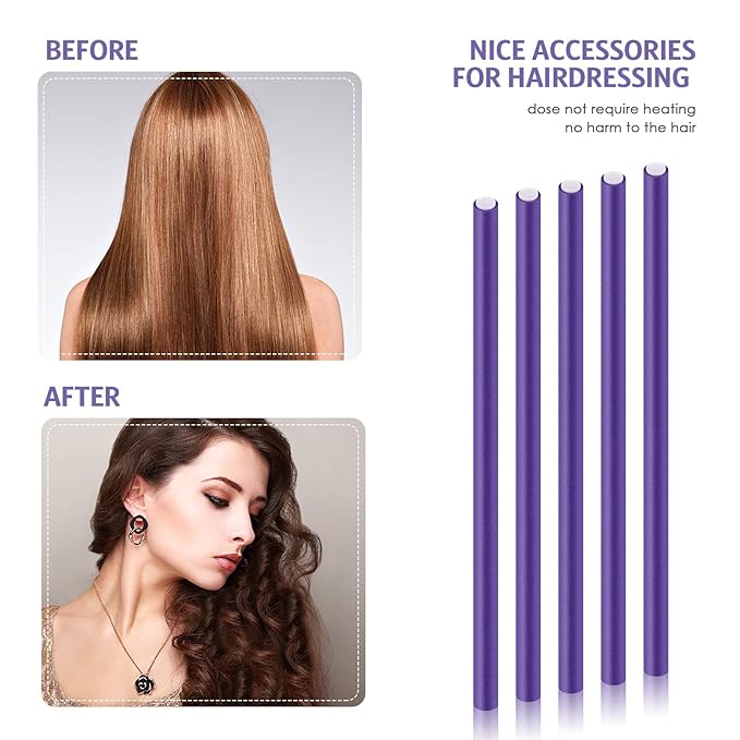 Tigeen 96 Flexible 9.45 Inch Soft Twist Foam Hair Rollers, No Heat Hair Styling with 2 Rat Tail Combs (0.3 In, Purple)