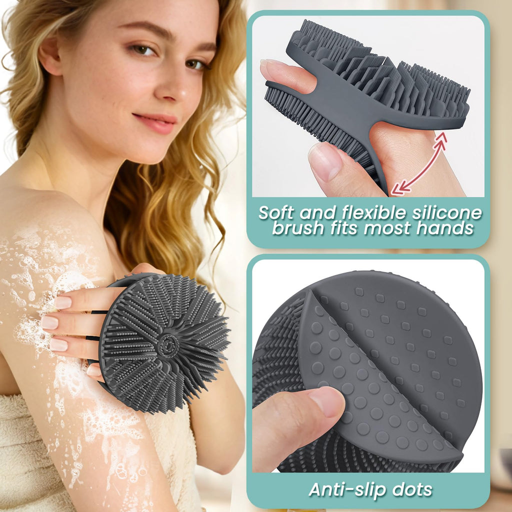 Manmihealth Silicone Body Scrubber Shower Brush Set Thin Bristles Gray
