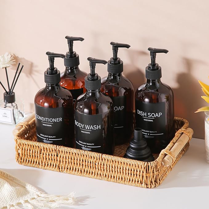 Mithrgrous 5Pack Amber Shower Bottles Refillable with Labels,16.9oz(500ml) Reusable Shampoo and Conditioner Bottles,Shampoo Dispenser Bottles