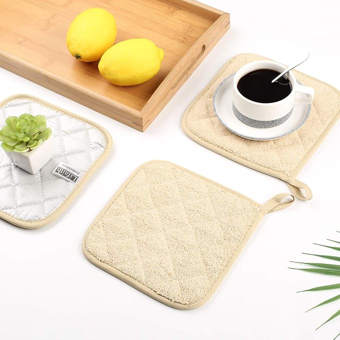 Lifaith Pot Holders for Kitchen, 100% Cotton Terry Pot Holder Set of 5, Heat Resistant Hot Pads for Cooking, Baking, Hot Dishes and Countertop Protection,Light Brown