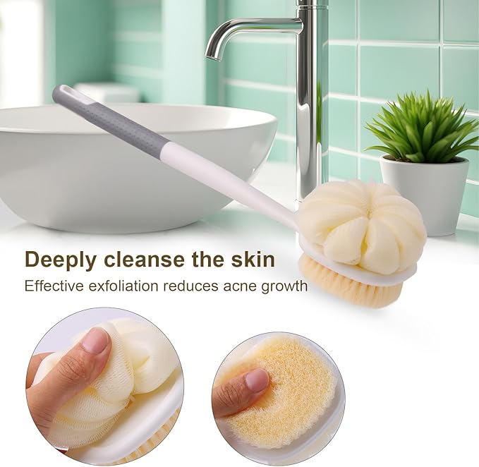 XDMURYM Long Handled Shower Brush for Cleaning Body,Double-Sided Bath Brush for Massage with Bristles and Loofah,Body Brush Exfoliator Mesh Sponge for Women and Men(Gray)