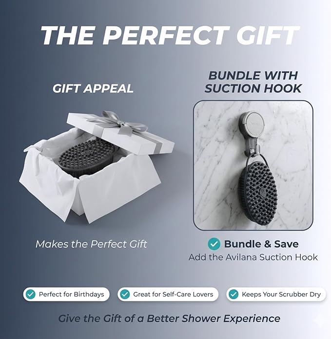 Avilana Silicone Body Scrubber for Shower – SGS Certified Food Grade Dual Sided Bath Brush, Gentle Exfoliating Silicone Loofah Alternative, Sensitive Skin Body Brush (Gray-Silver, Exfoliate)