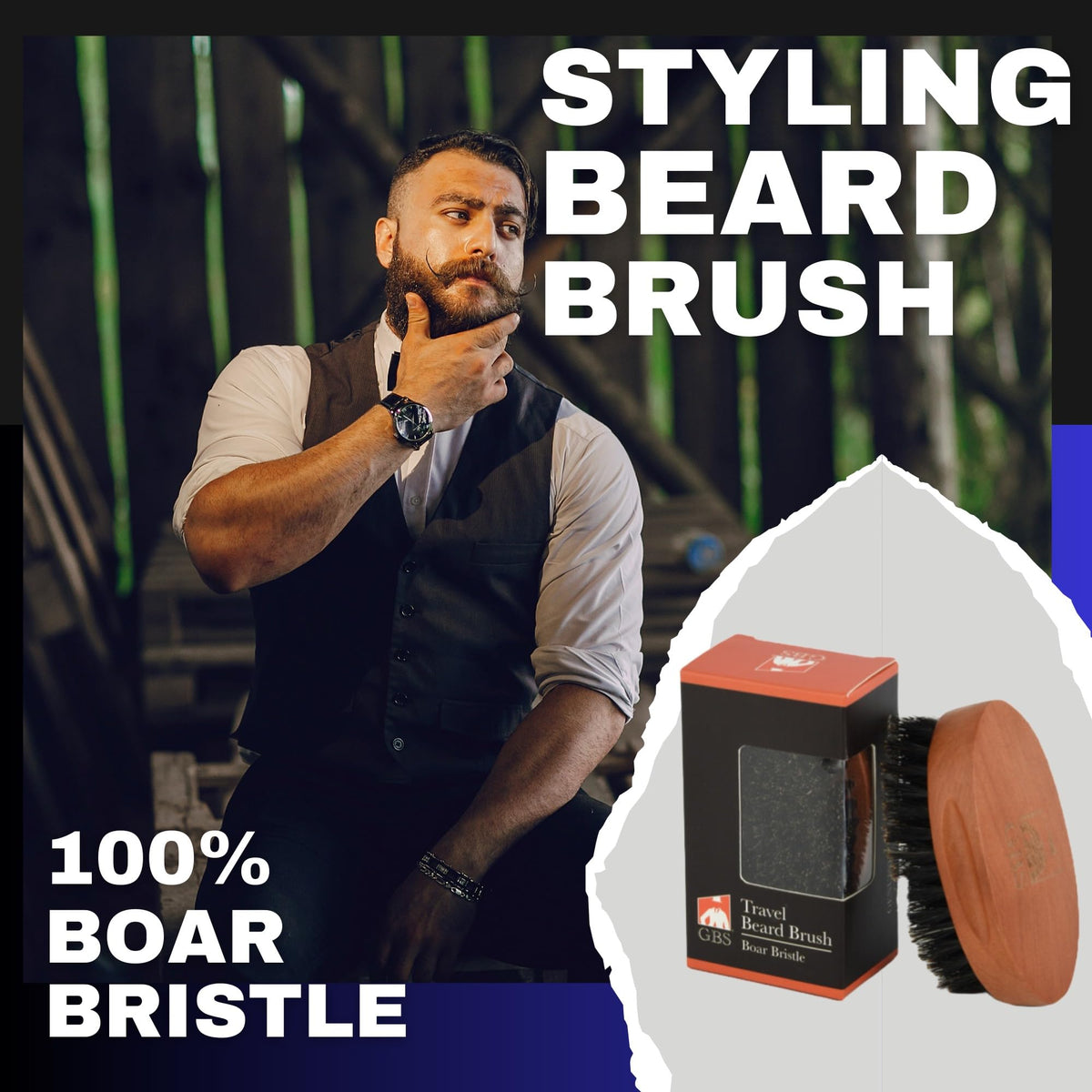 G.B.S 2 Pack Beard Travel Brush with Boar Bristles Great for Dry or Wet Beards Distributes Balm, Oil for Growth and Shine and Softness Professional Durable Camping