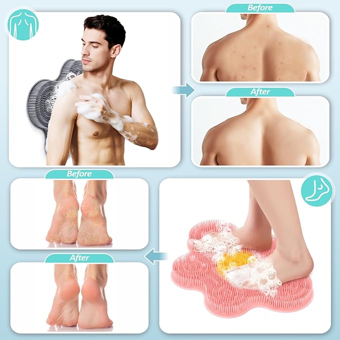 New Silicone Shower Foot Scrubber Mat, Large Wall-Mounted Back Scrubber Back Washer with Long Bristles & Powerful Suction Cups, Easy to Clean Exfoliate and Massage Without Bending(Gray)