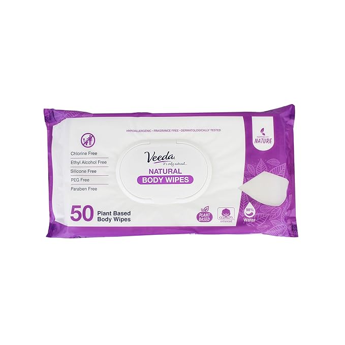 Veeda Extra Large Body Wipes for Adults (8.66” x 9.44”) – 50 Count, Thick & Durable, Plant-Based Shower Wipes for Gym, Camping & Travel, Hypoallergenic, pH Balanced, Biodegradable