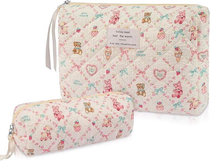Gosect 2PC Makeup Bag Set, Cute Cosmetic Bag for Women Girls, Floral Coquette Aesthetic Toiletry Bag, Travel Make Up Organizer Bag (Care Bear)