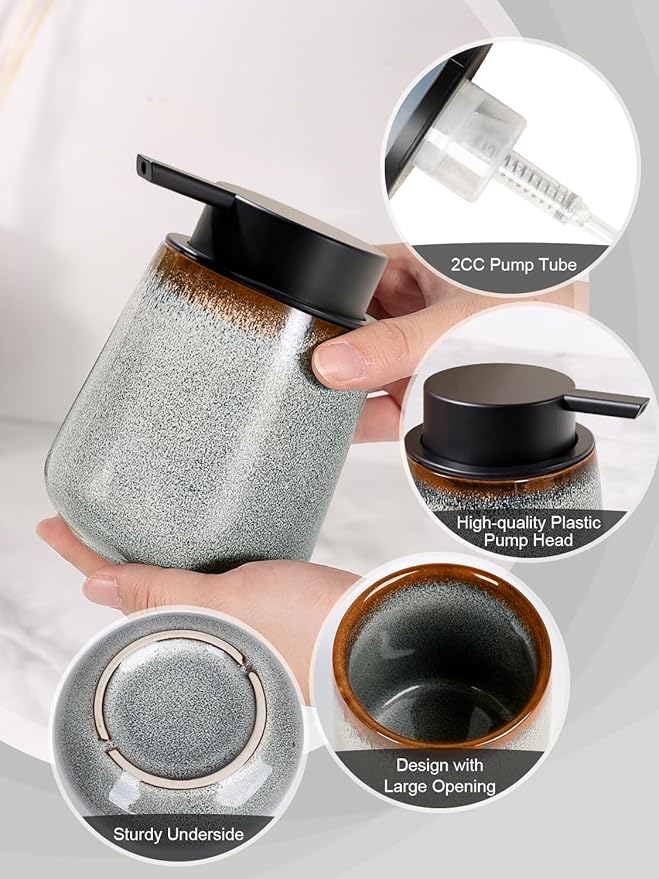 INGOFIN Ceramic Foaming Soap Dispenser -12oz Foam Hand Soap Dispenser Bathroom, Modern Refillable Dish Wash Soap Bottle for Kitchen with Large Pump,Kiln-Glazed Grey White