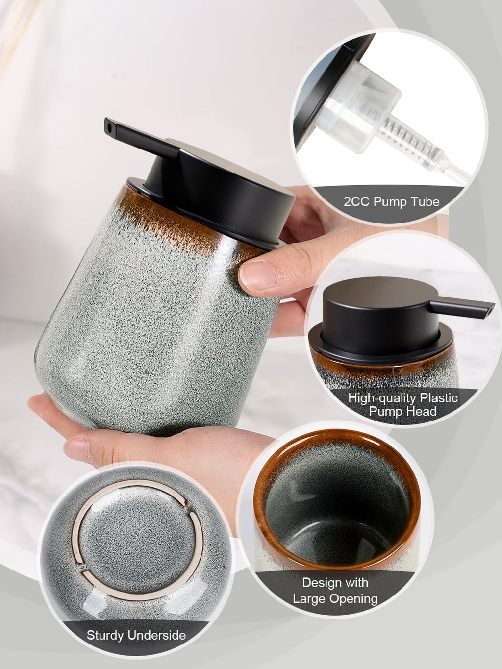INGOFIN Ceramic Foaming Soap Dispenser -12oz Foam Hand Soap Dispenser Bathroom, Modern Refillable Dish Wash Soap Bottle for Kitchen with Large Pump,Kiln-Glazed Grey White