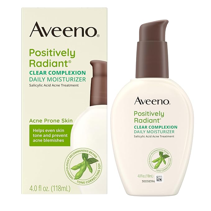 Aveeno Positively Radiant Clear Complexion Face Moisturizer, Acne Facial Lotion with Soy and Salicylic Acid for Oily Skin, Hypoallergenic Formula, Paraben-Free, Non-Comedogenic, Pump, 4 Fl Oz