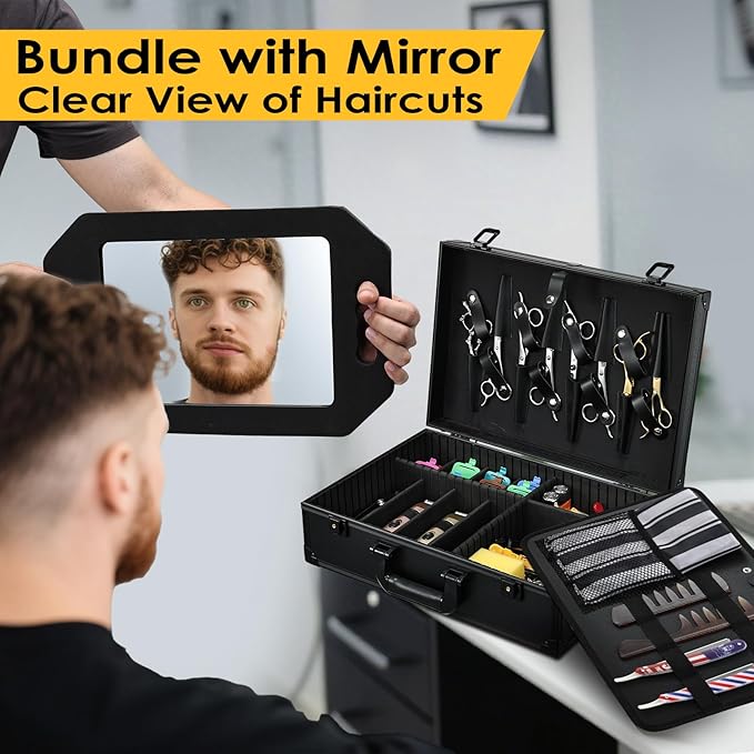 Yueieoun Barber Accessory Case with Mirror, Profesional Barbers Briefcase Tool Case, Barber Cases for Clippers and Supplies, Hair Scissors Trimmer Organizer, Salon Grooming Hard Travel Suitcase