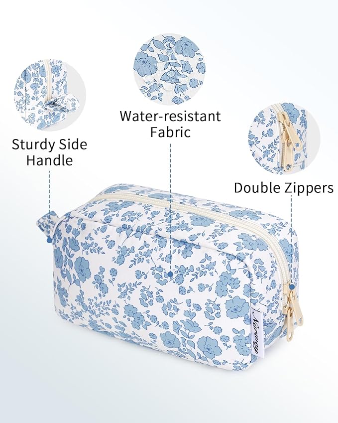 Narwey Small Makeup Bag for Purse Travel Makeup Pouch Mini Cosmetic Bag Zipper Pouch for Women (Blue Flower, Small)