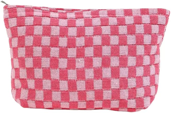 SxoSyo Checkered Cosmetic Bags for Purse, Large Makeup Pouch, Pink
