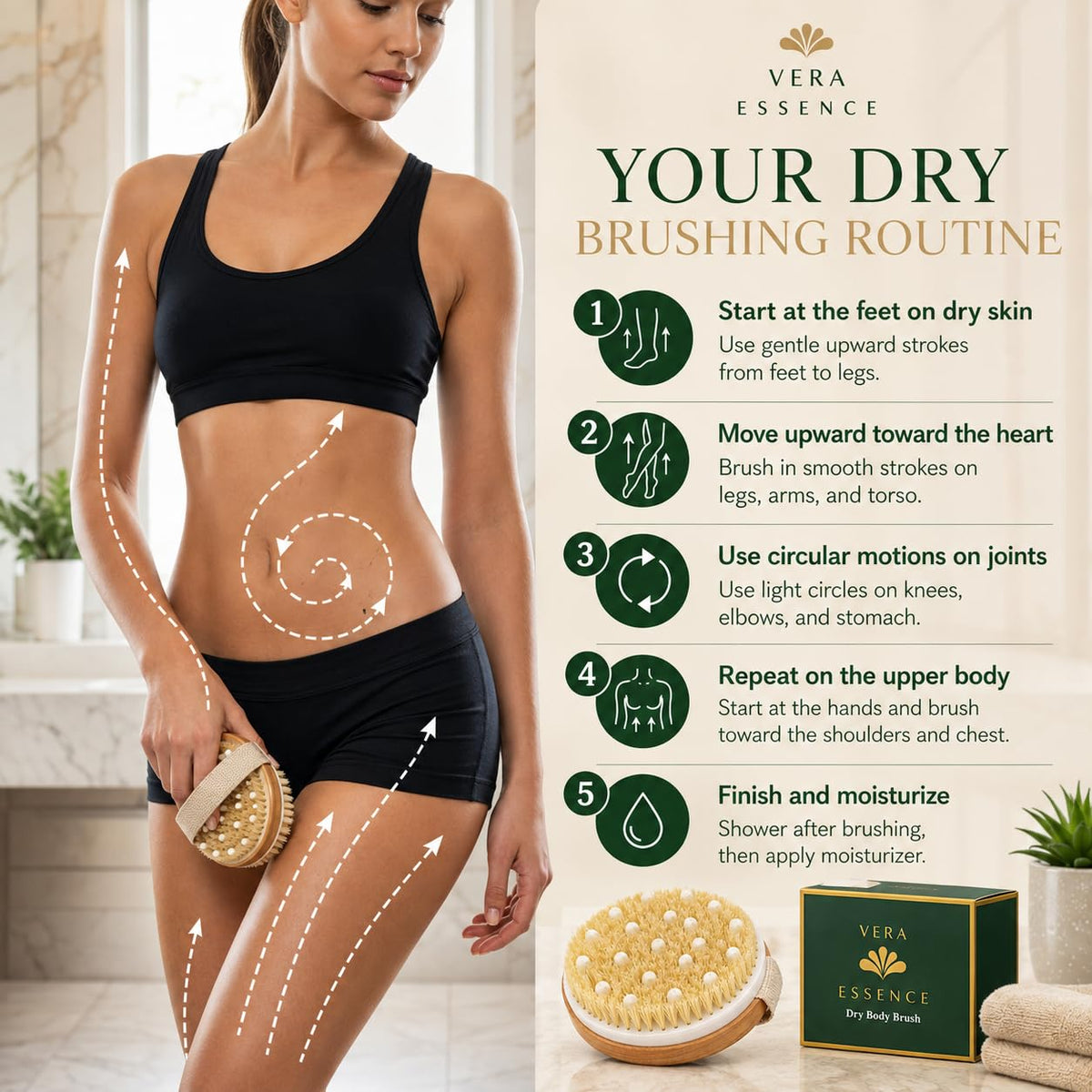 Vera Essence Dry Body Brush for Women & Men, Dry Brush for Lymphatic Drainage, Exfoliating Body Brush with Natural Boar Bristles, Massage Nodes & Bamboo Base for Dry Skin