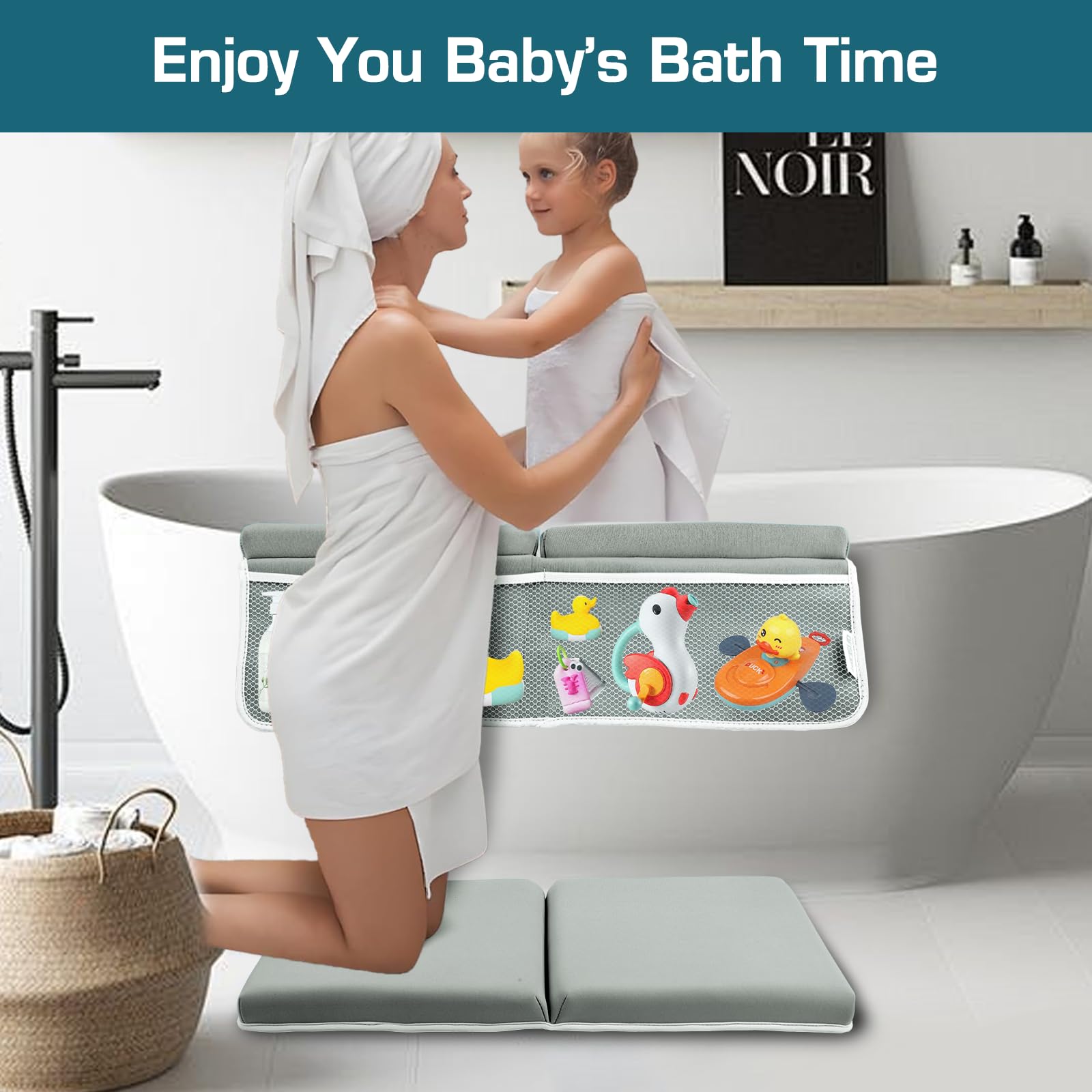 OFiSEXPT Bath Kneeler and Elbow Rest Pad, Thick Quick Dry Kneeling Pad, Elbow Support, Large Bathtub Kneeling Mat with Toy Organizer for Baby Bathing (Grey)