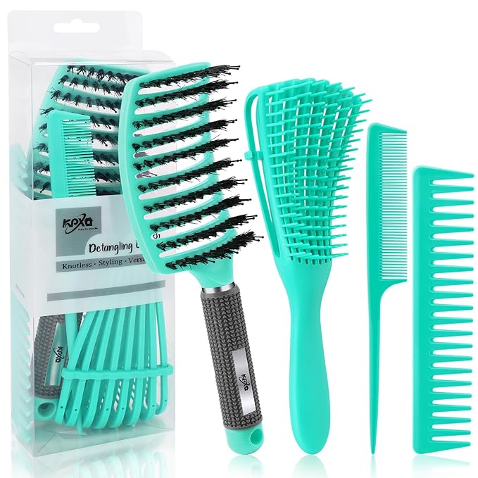4pcs Curly Hair Brush Set for Adult & Kids Wet or Dry, Detangling & Wide Tooth Comb with Hair Detangler (4, Green)