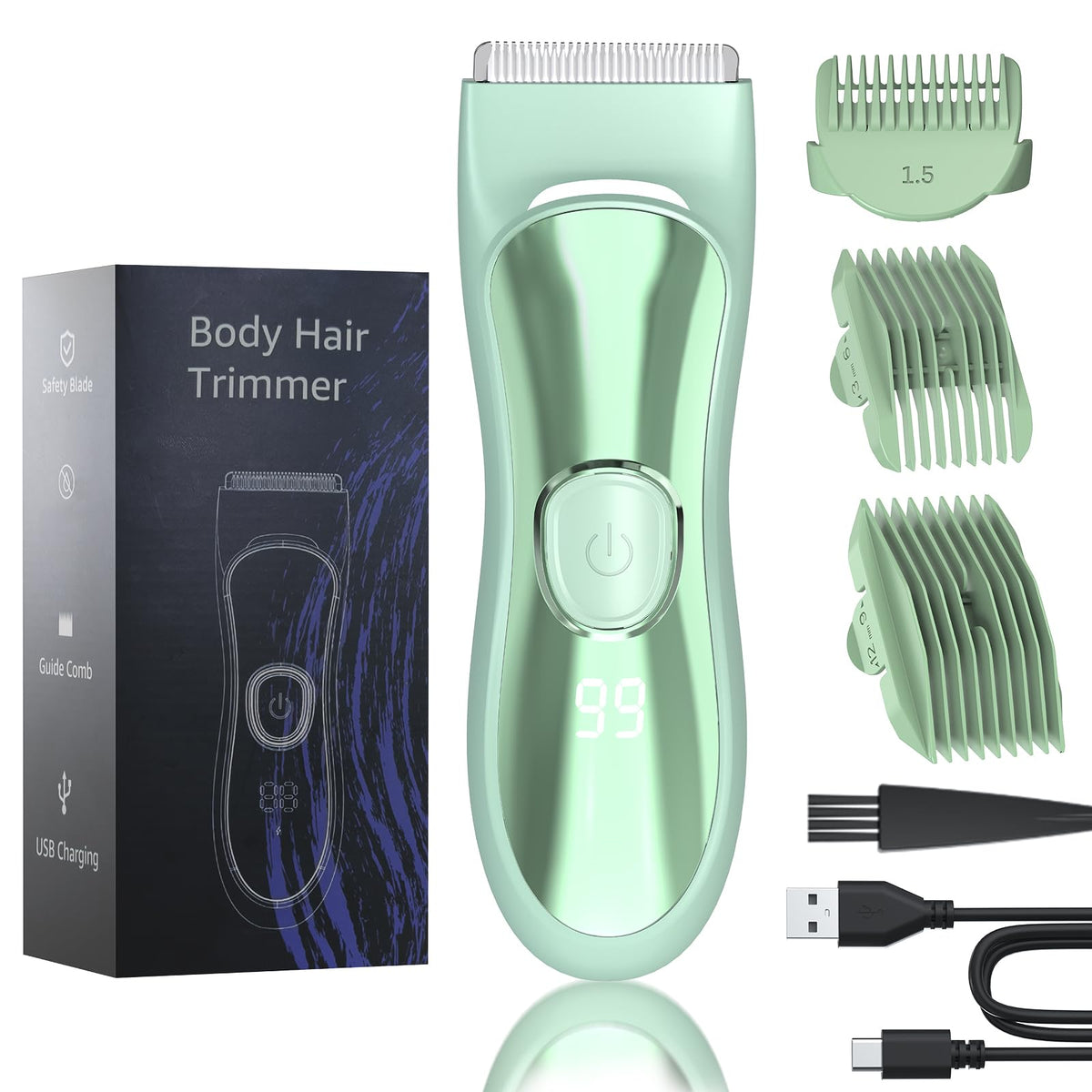 LAJCAEN Body Hair Trimmer with Ceramic Blade, Multipurpose Hair Trimmer with 3 Guide Combs for Boby Hair/Hair/Beard, Wet & Dry, Travel Lock, for Family Woman & Man, Green
