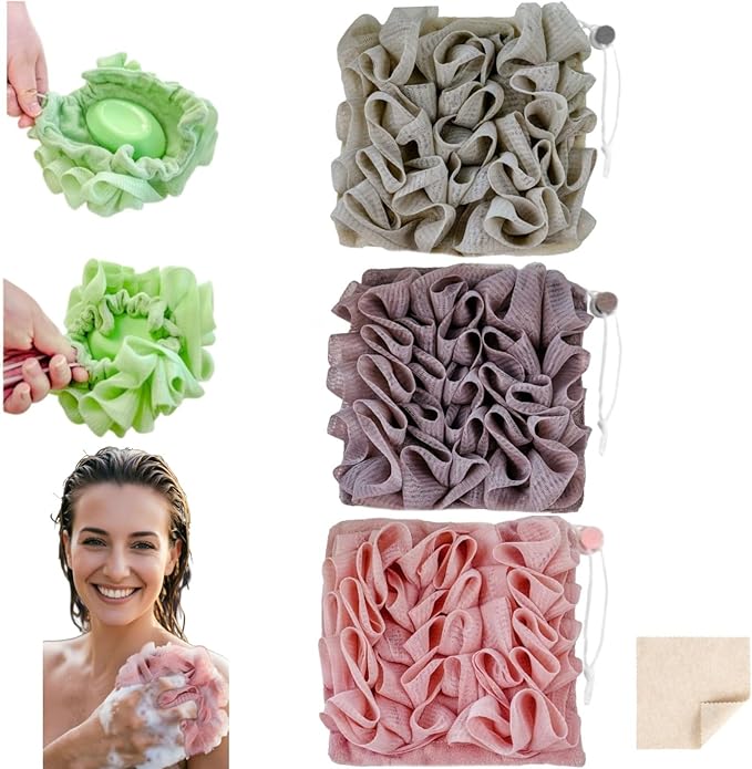 Washcloth Loofah Combo 2-in-1 Loufee Wash Cloth that Holds Bar Soap-Exfoliation Mesh Shower Ball for Body Wash&Smooth Skin+Free Loofah Dish Towel