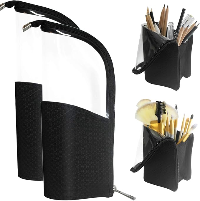 ANEMEL Black Travel Makeup Brush Holder 2-Pack, Organizer Bag Clear Plastic Cosmetic Zipper Pouch Portable Waterproof Dust-Free Stand-Up Small Toiletry Stationery Bag with Divider