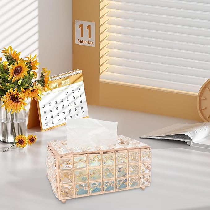 Geesatis Tissue Box Cover,Rectangle Tissue Box Holder,Gold 8''x4.5''x3.5''