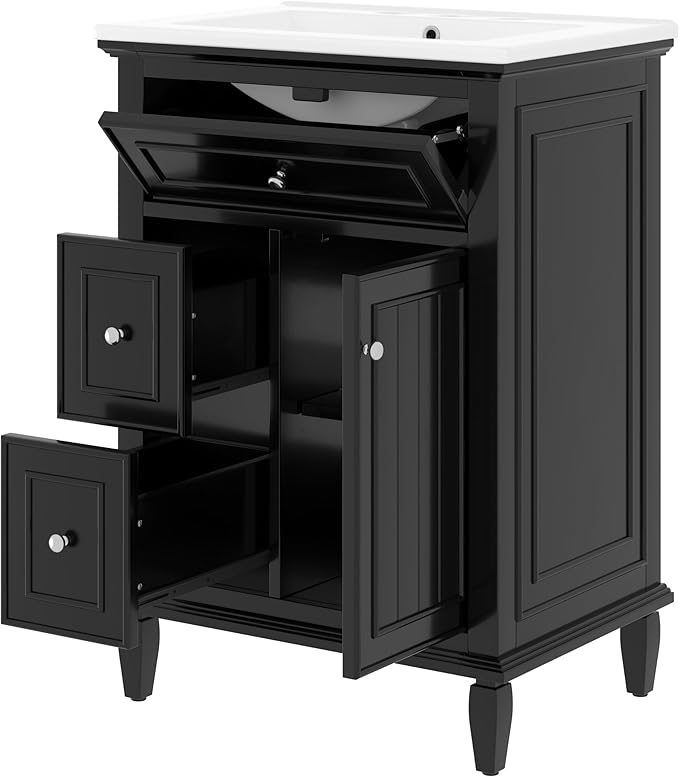 Harper & Bright Designs 24" Bathroom Vanity with Sink, Free Standing Single Basin Vanity Set with Tip-Out Drawer, 2 Drawers, and One Door, Wood Bathroom Cabinet with Ceramic Basin for Bathroom, Black