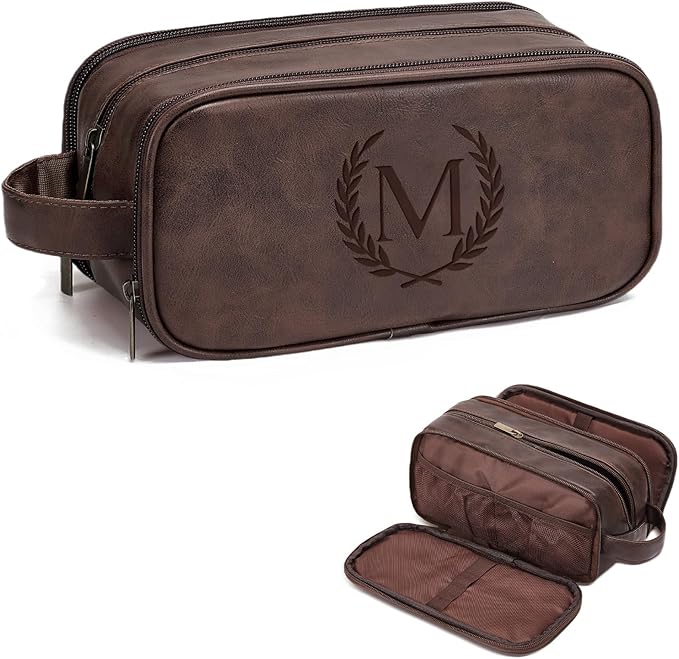 Janhavi Shaving Bag for Men Travel Waterproof, Engraved Initials & Wheat, Make Up Bag,Groomsmen Gifts, Mens Toiletry Travel Bag, Men's Accessories Organizer, Gifts for Him(Medium, Dark Brown, M)